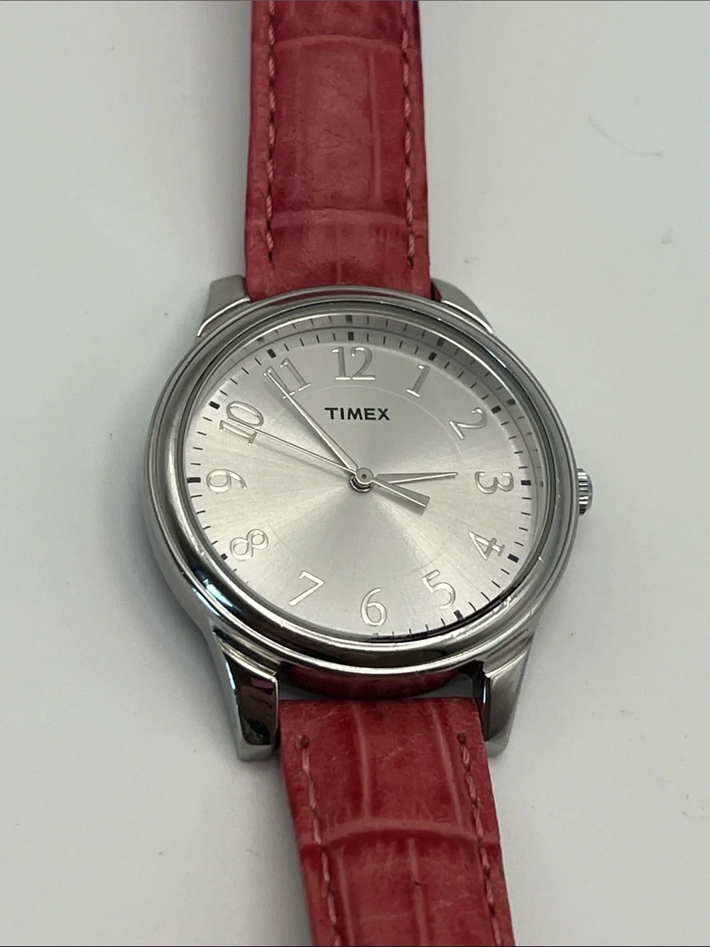 Timex Silver Dial Watch with Pink Leather Strap